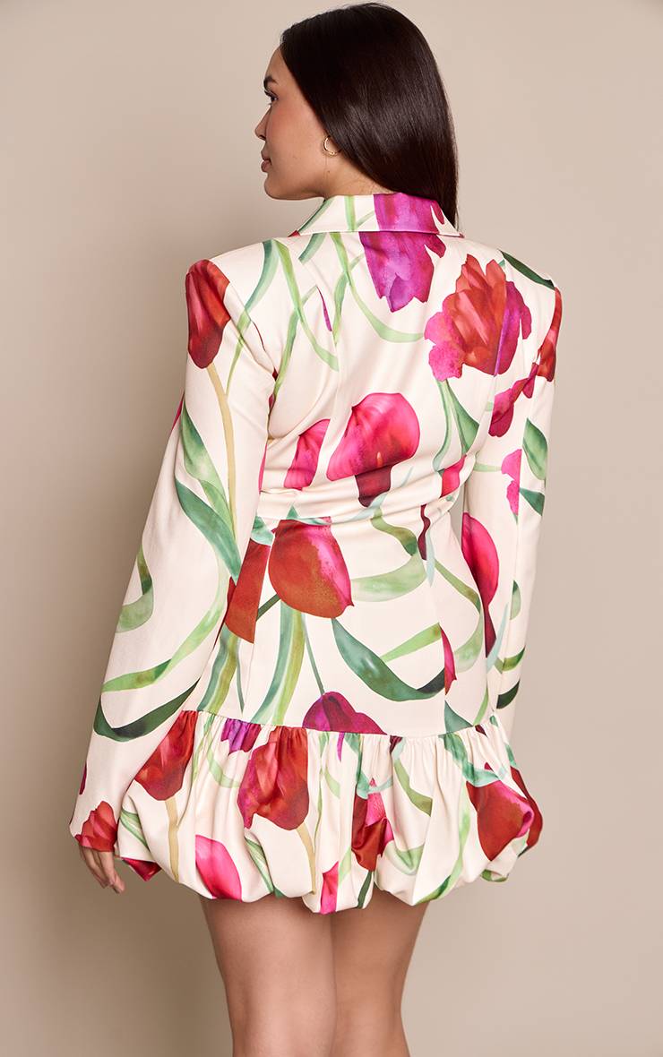 Blanc Robe Blazer Grande Taille À Imprimé Floral Décolleté Plongeant Et Ourlet Bouffant