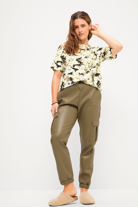 Lederoptik Hose, High Waist, Elastikbund, Cargotaschen
