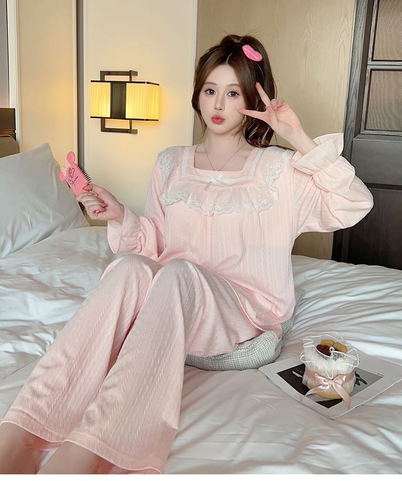 Siensien - Pyjamaset: lange mouwen, vierkante hals, strik, ruches, gewatteerde top + elastische taille, effen rechte broek