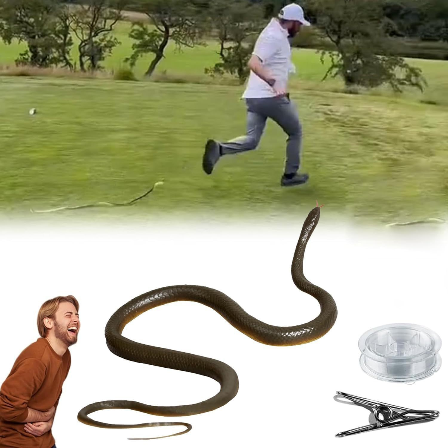 (80cm) Gummi Schlange Lustiger Spielzeug Prank Scherzartikel inkl. Clip / Schnur - Schwarz / Grün / Weiss