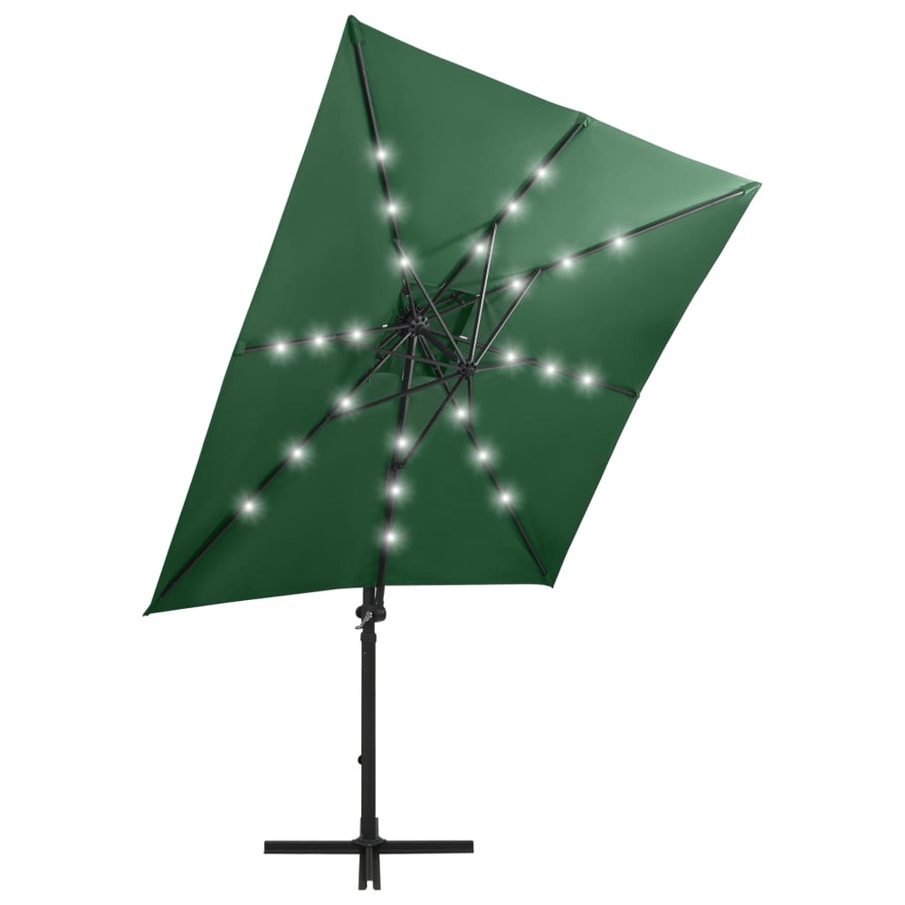 Parasol meuble de jardin déporté avec mât et lumières led 250 cm vert