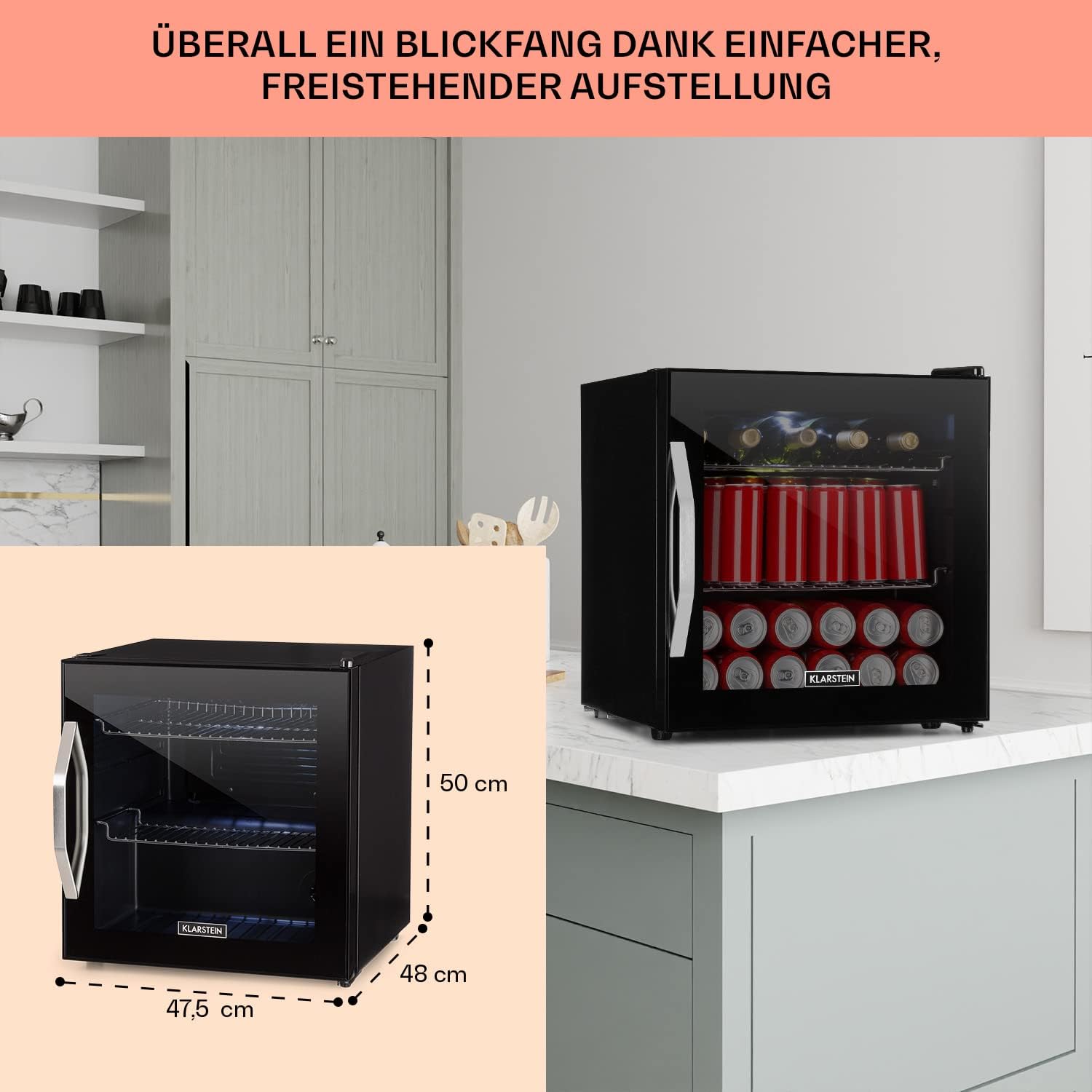 Klarstein Mini Kühlschrank mit Glastür, für Zimmer, Getränkekühlschrank Verstellbaren Ablagen, Kleiner 47 Liter, Indoor/Outdoor Leise