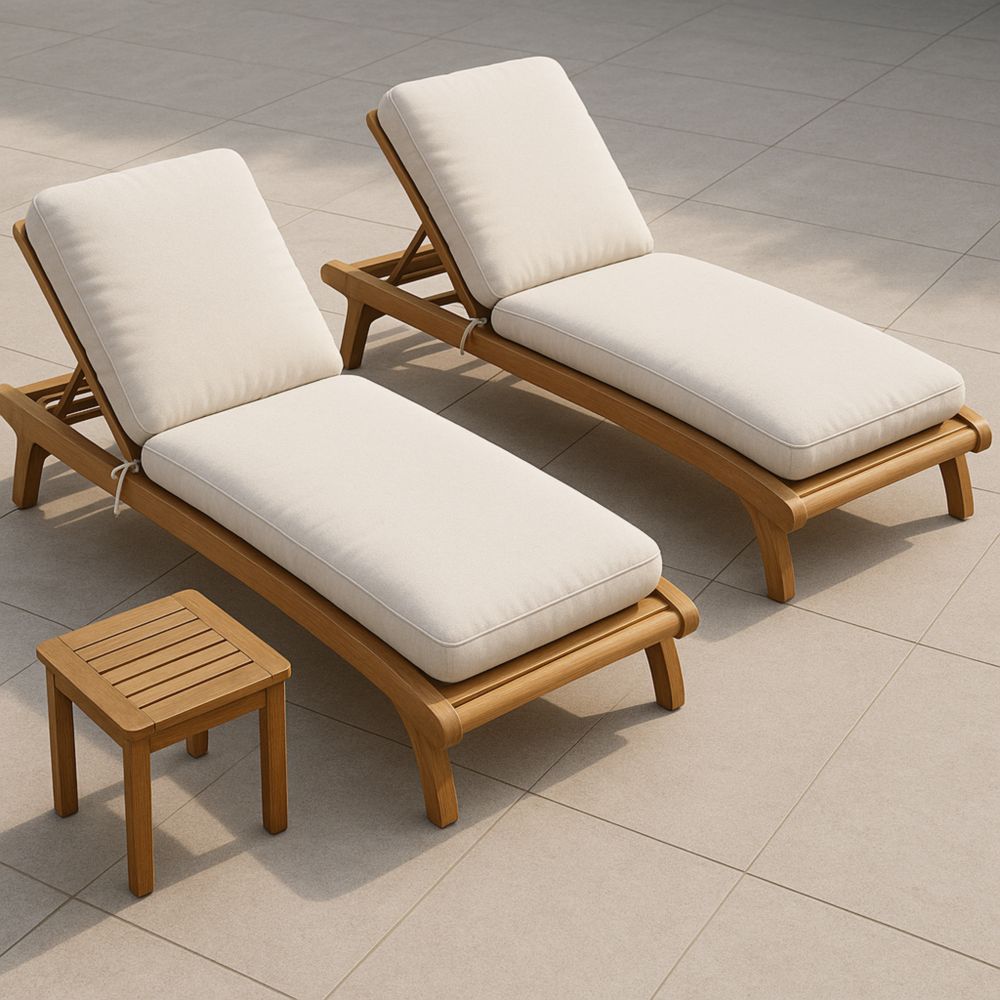 Sonnenliege Set mit Beistelltisch aus Teakholz und Polyester-Bezug Creme