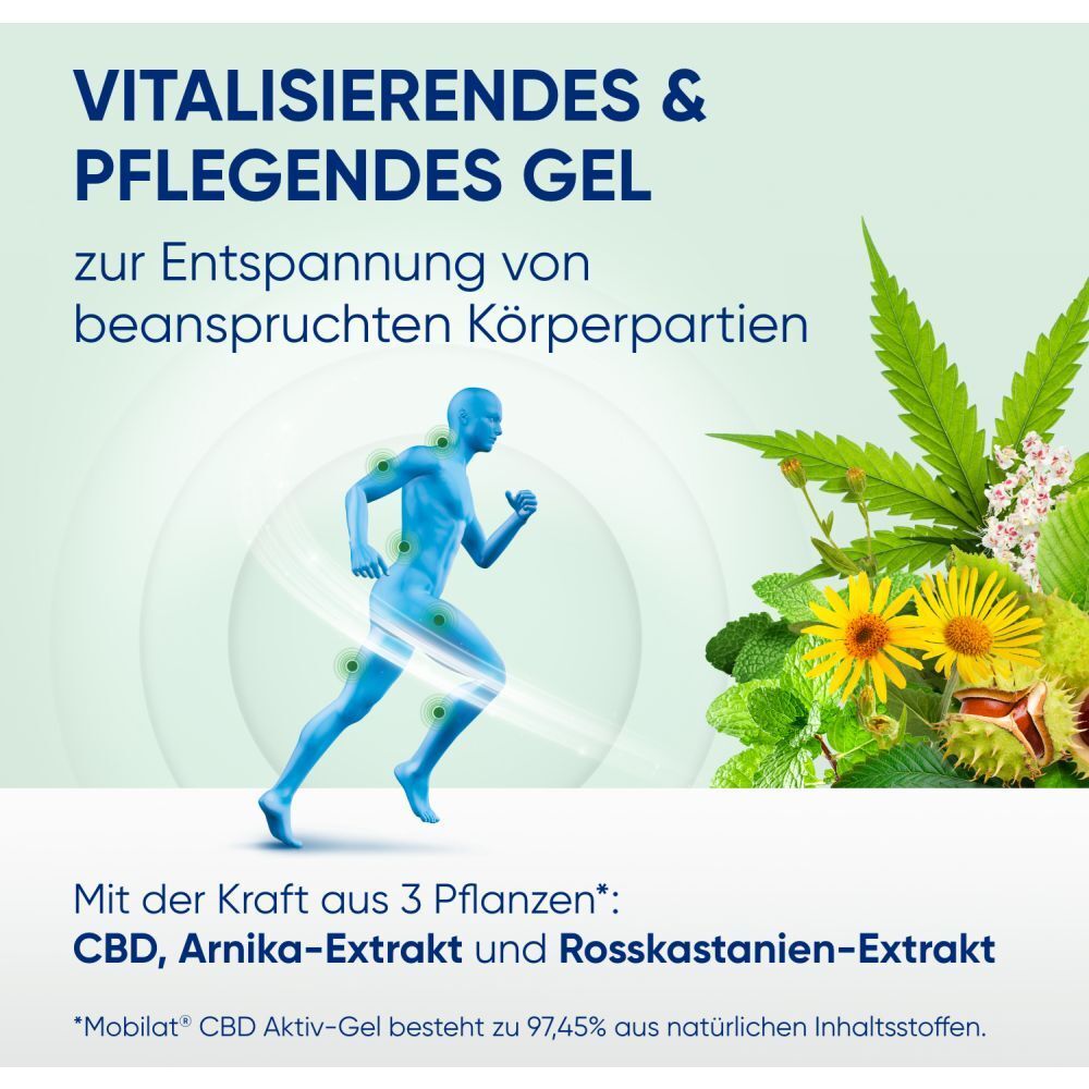 Mobilat® CBD Aktiv-Gel: Vitalisierendes und pflegendes Gel zur Entspannung beanspruchter Körperpartien. Mit hochkonzentriertem CBD (>99% Reinheit), Arnika-Extrakt und Rosskastanien-Extrakt. Kosmetikum