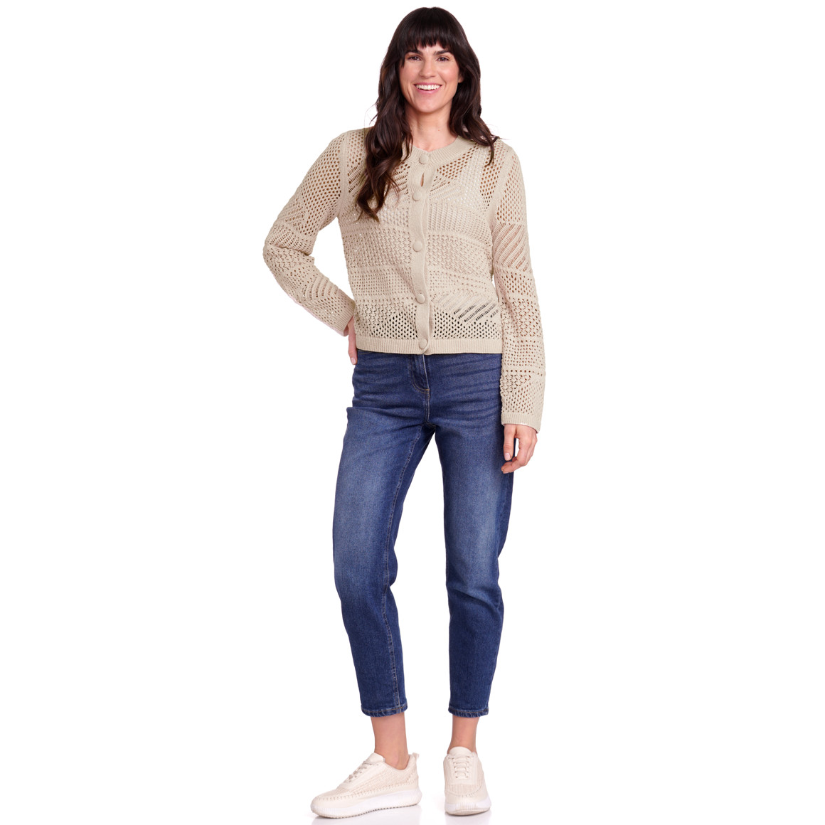 Gina Benotti Damen Strickjacke mit Ajourmuster beige