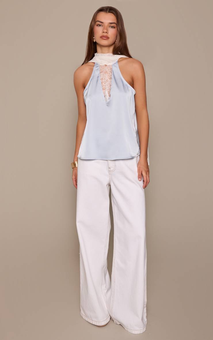 Bleu Clair Haut Long En Satin Avec Foulard En Dentelle Contrastée