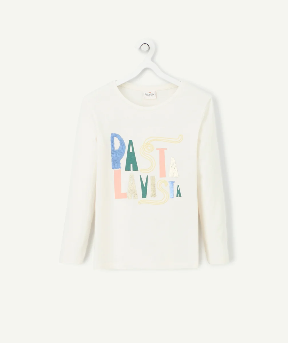 T-SHIRT FILLE EN FIBRES RECYCLÉES ÉCRU AVEC MESSAGE PASTA ET SEQUINS