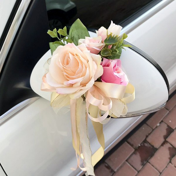 (Ø10cm) Deko Kunstblume Hochzeits Auto Rosenstrauss Dekoration mit Bändel - Champagner / Braun