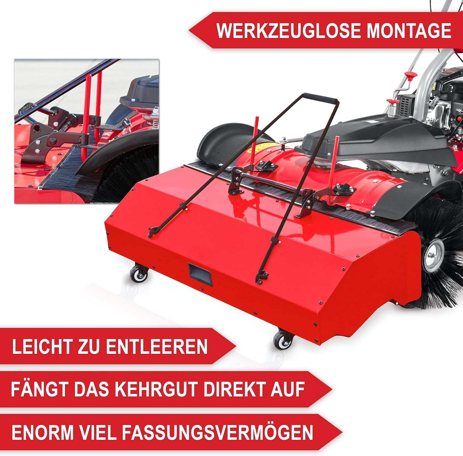 Kehrmaschine Benzin – TÜV Rheinland geprüft – GS-Zertifikat – 100 cm Kehrbürste – 196 cm3 Motor – inkl. Auffangbox Schneeschild – Maschine für große außen Flächen zum Schmutz & Schneeräumen