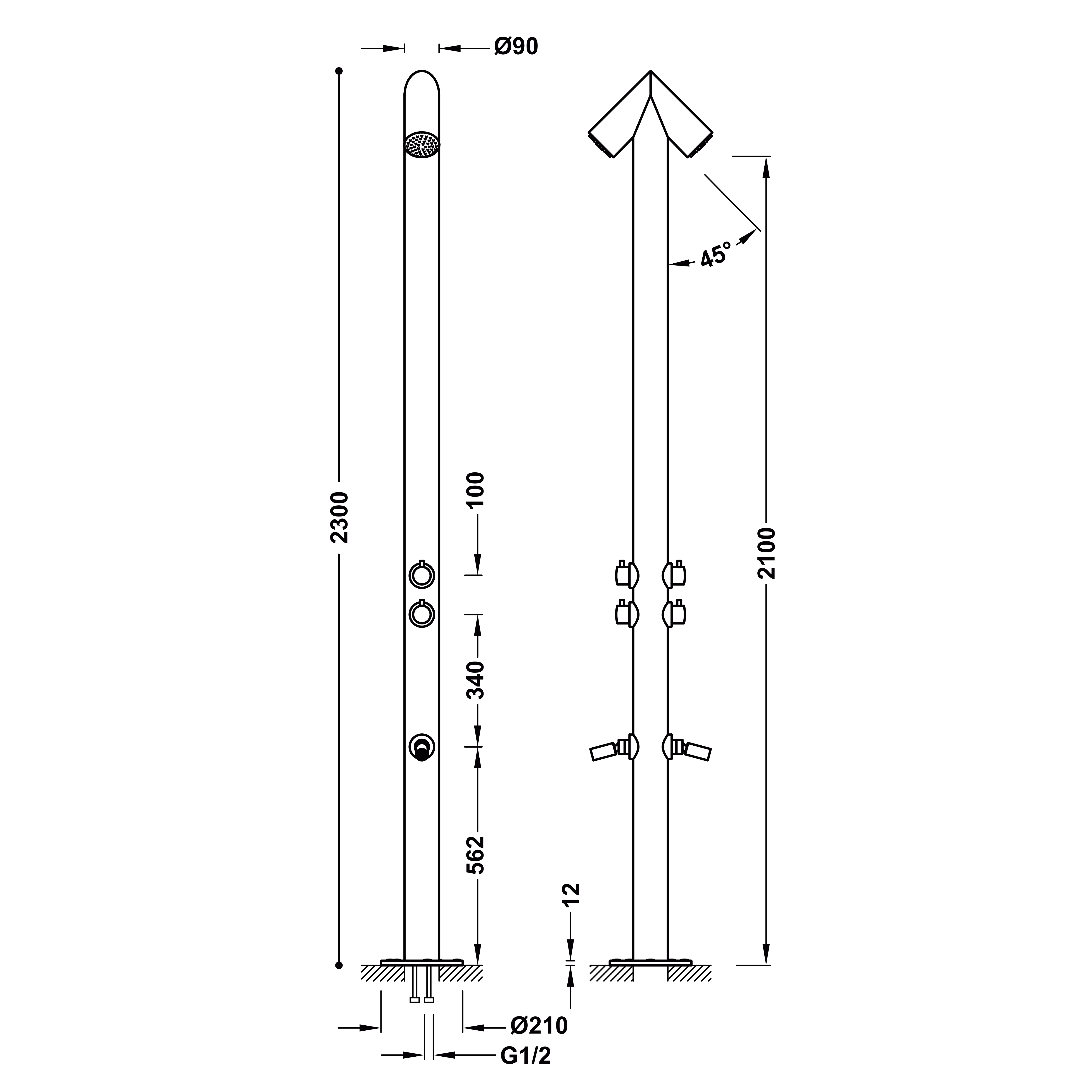Tres Fuera dubbele buitendouche met mengkraan 230cm RVS