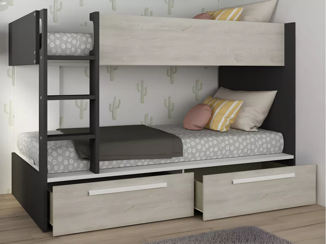Lits superposés 2 x 90 x 200 cm - 2 tiroirs - Anthracite, naturel et blanc - TINOLI