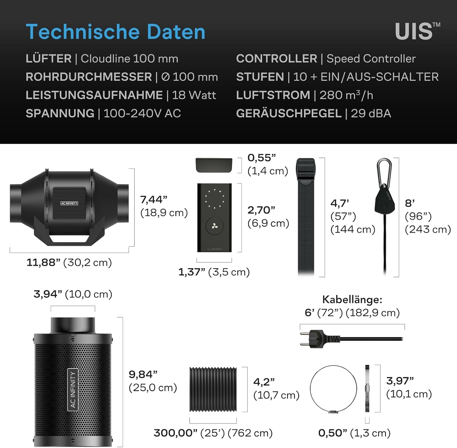AC Infinity Luftfilter-Set 100 mm – CLOUDLINE LITE Abluftventilator mit Aktivkohlefilter für Growzelte, Hydrokulturen und Indoor-Gärten