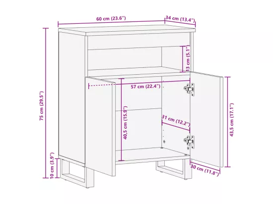 Buffet 60x34x75 cm bois de manguier massif brut