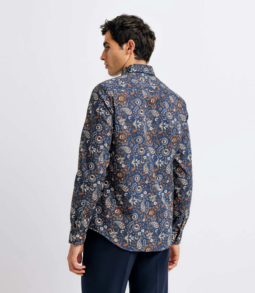 Chemise à imprimé fleurs marine et camel