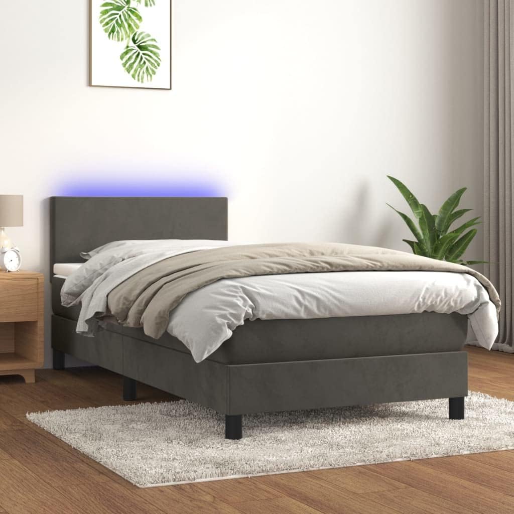 Cozynest Polsterbett Bett Einzelbett Bettrahmen Bettgestell Lattenrost Hotelbett Schlafzimmerbett Boxspringbett mit Matratze & LED Dunkelgrau 90x190 cm Samt