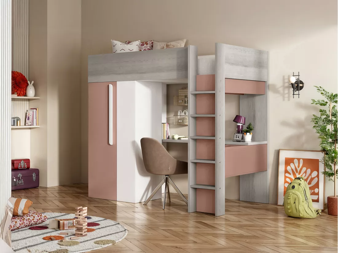 Lit mezzanine 90 x 200 cm avec armoire et bureau - Rose et blanc - NICOLAS