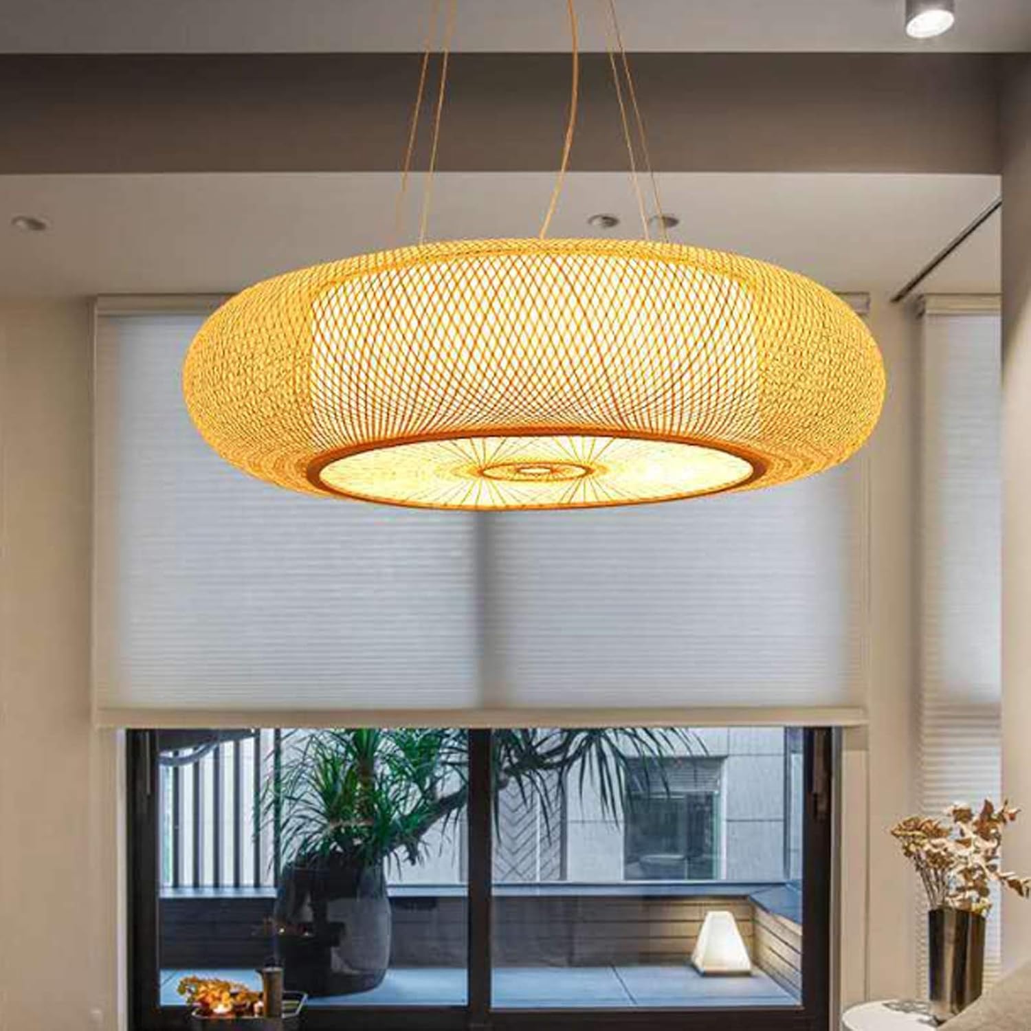 E27 Pendellampe Retro Hängeleuchten Natürlichen Bambus Pendelleuchte Vintage Gewebte Rattan Lampenschirm Kronleuchter Höhe Verstellbare Hängelampe Beleuchtung Restaurant Teestube Café Deckenlicht,60cm