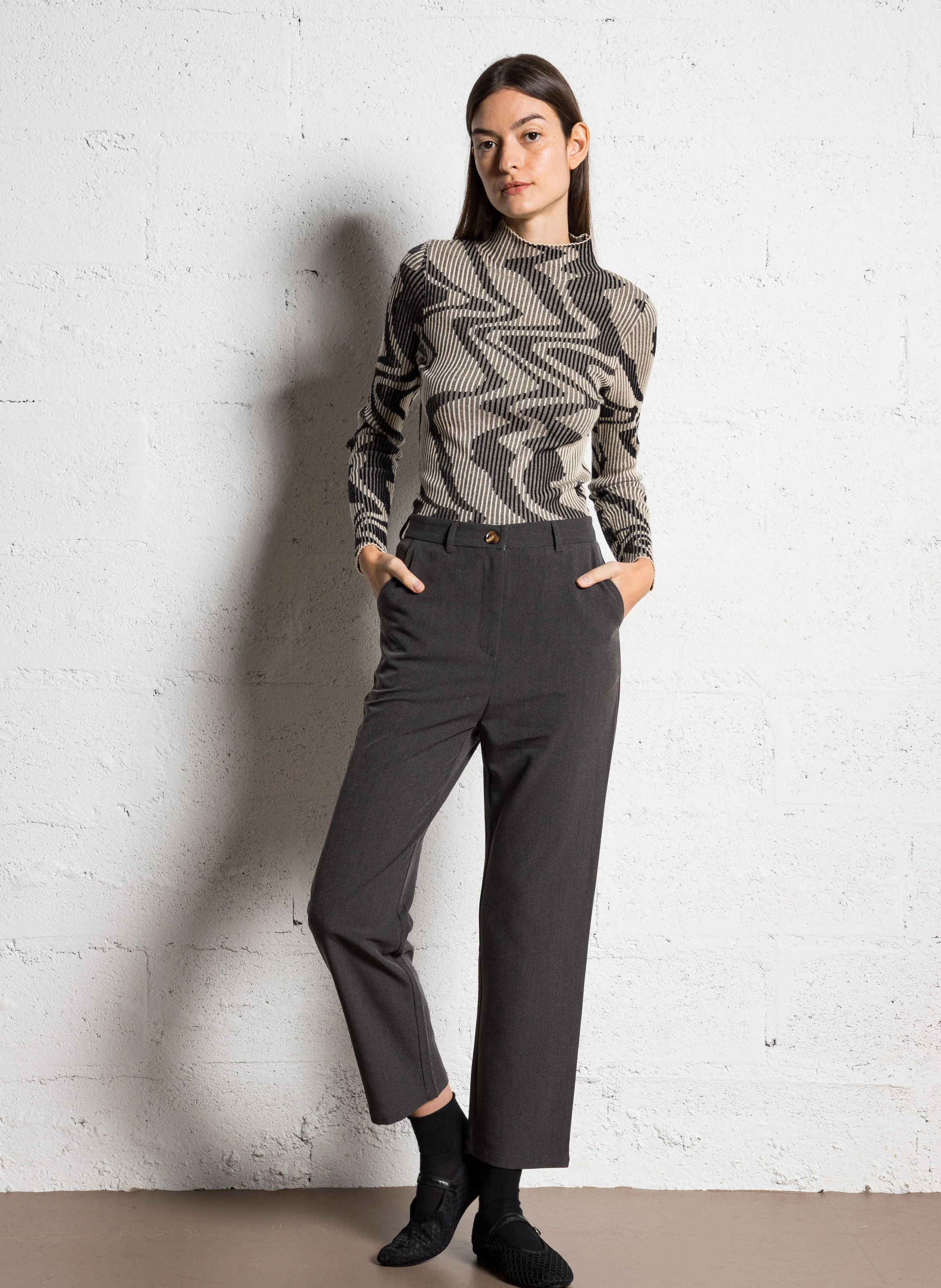 Top col cheminé en maille | Beige