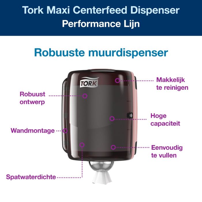 Tork 653008 Centerfeed Dispenser Rood en Zwart W2, Robuust Design (653008)