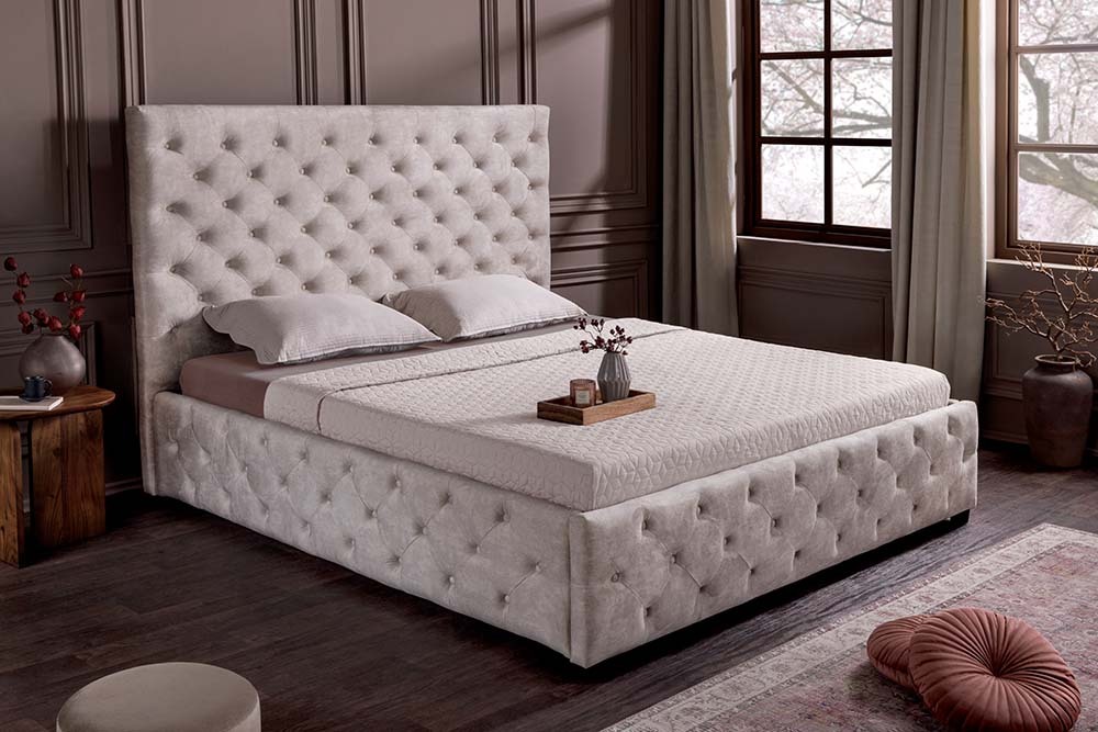 Design Boxbett PARIS 180x200cm champagner beige Samt mit Stauraum und Lattenrost
