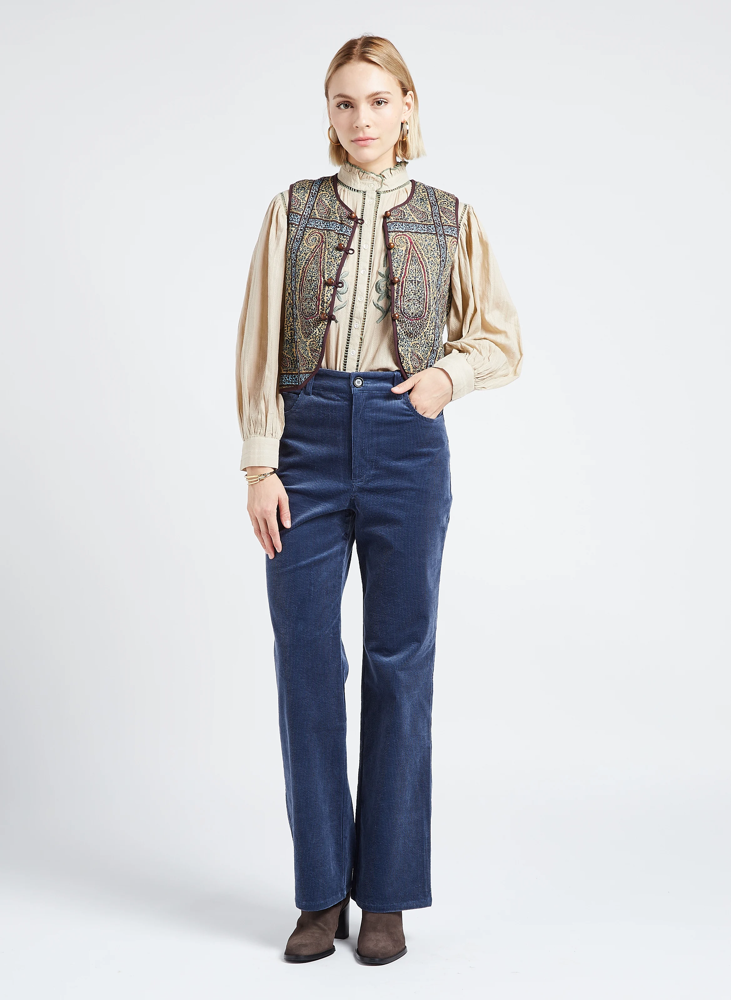 TILDA - Pantalon droit taille haute en coton mélangé | Bleu