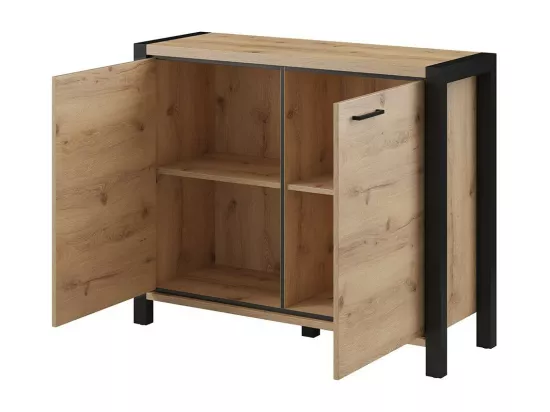 Buffet petit modèle 110cm collection BOWIE avec 2 portes coloris chêne et noir.
