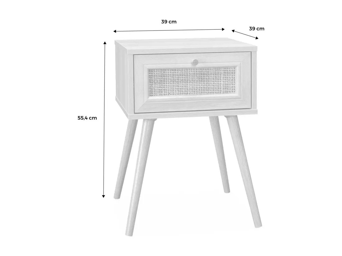 Lot de 2 tables de chevet effet bois blanc et cannage avec 1 tiroir