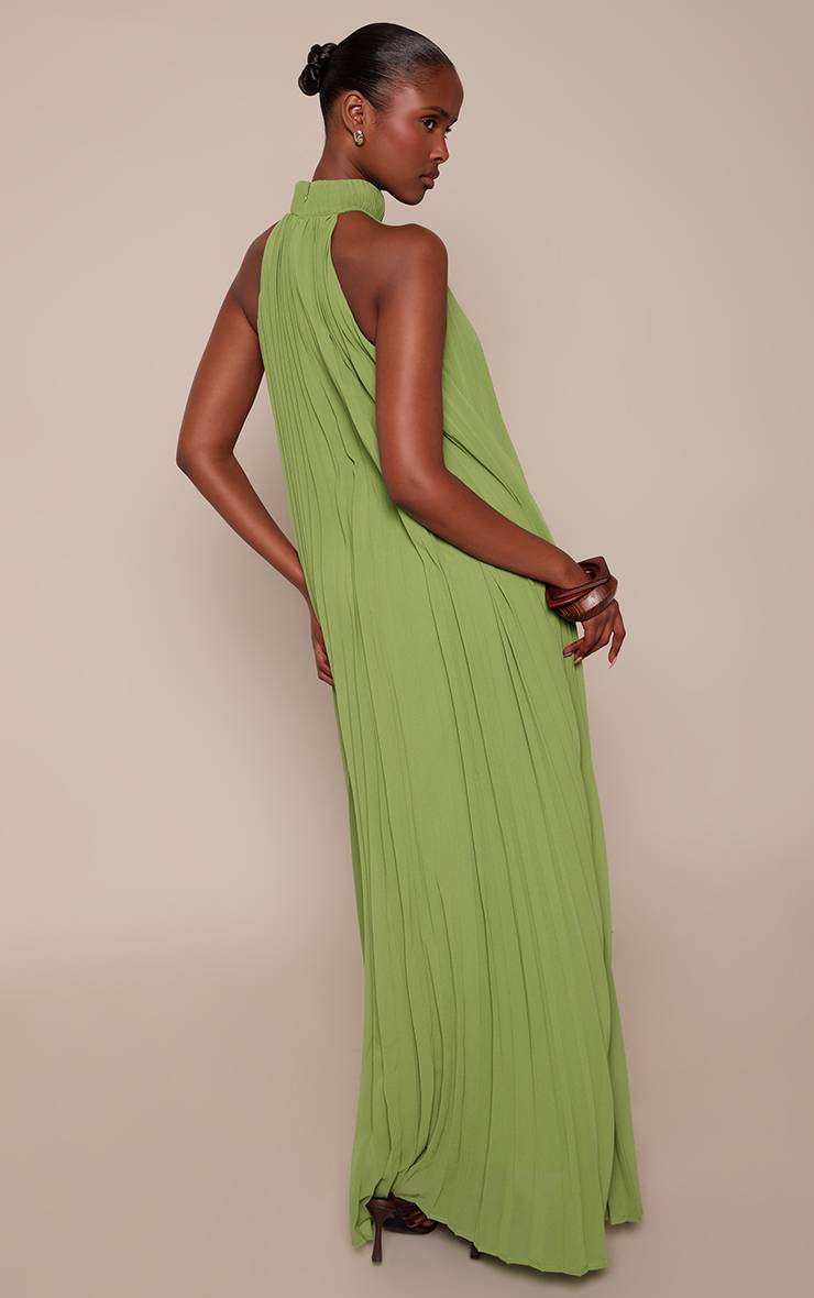 Lime Green Robe Maxi Plissée À Col Montant