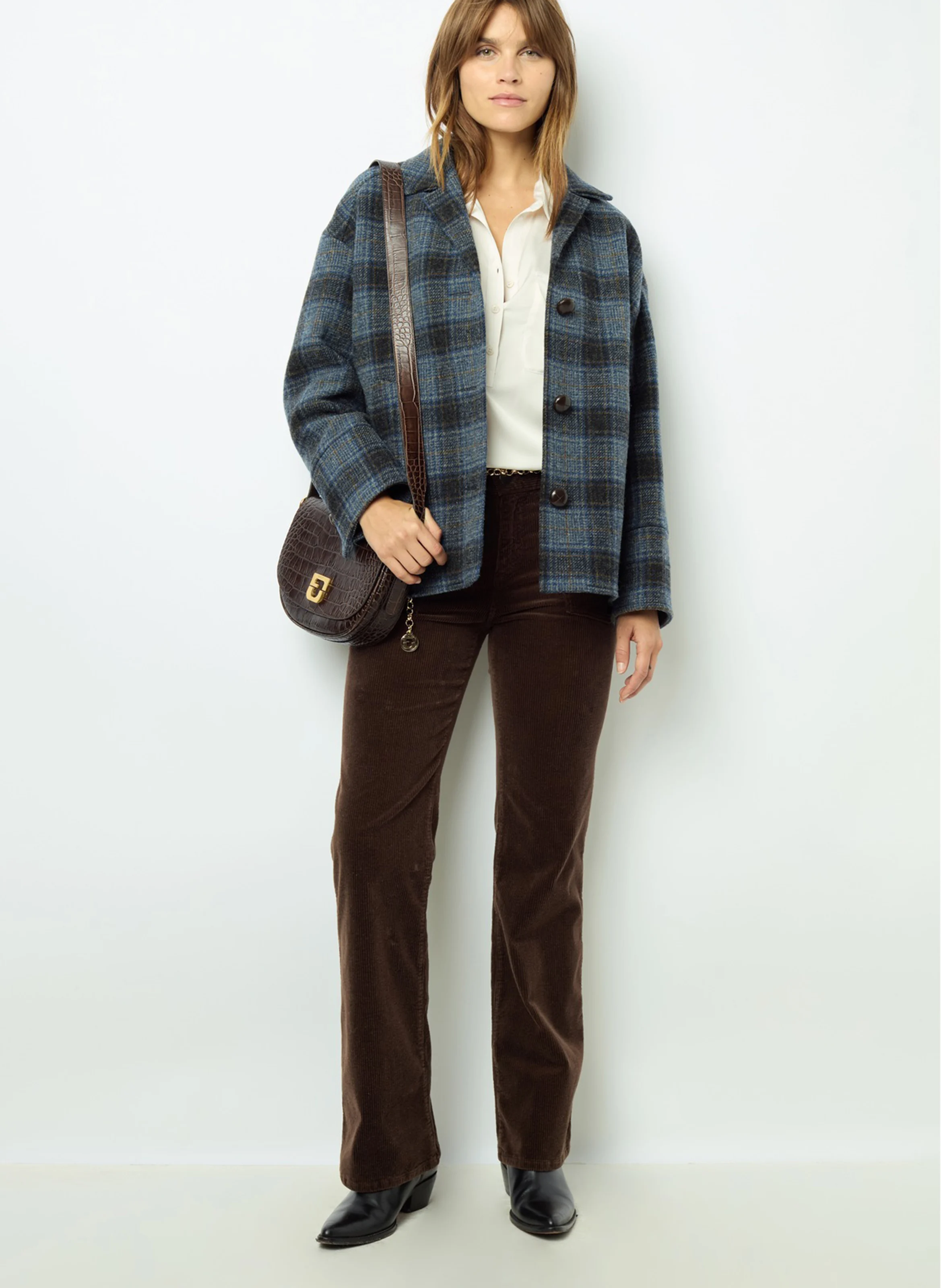MAYSSANE - Veste aspect blazer en laine vierge à carreaux | Bleu