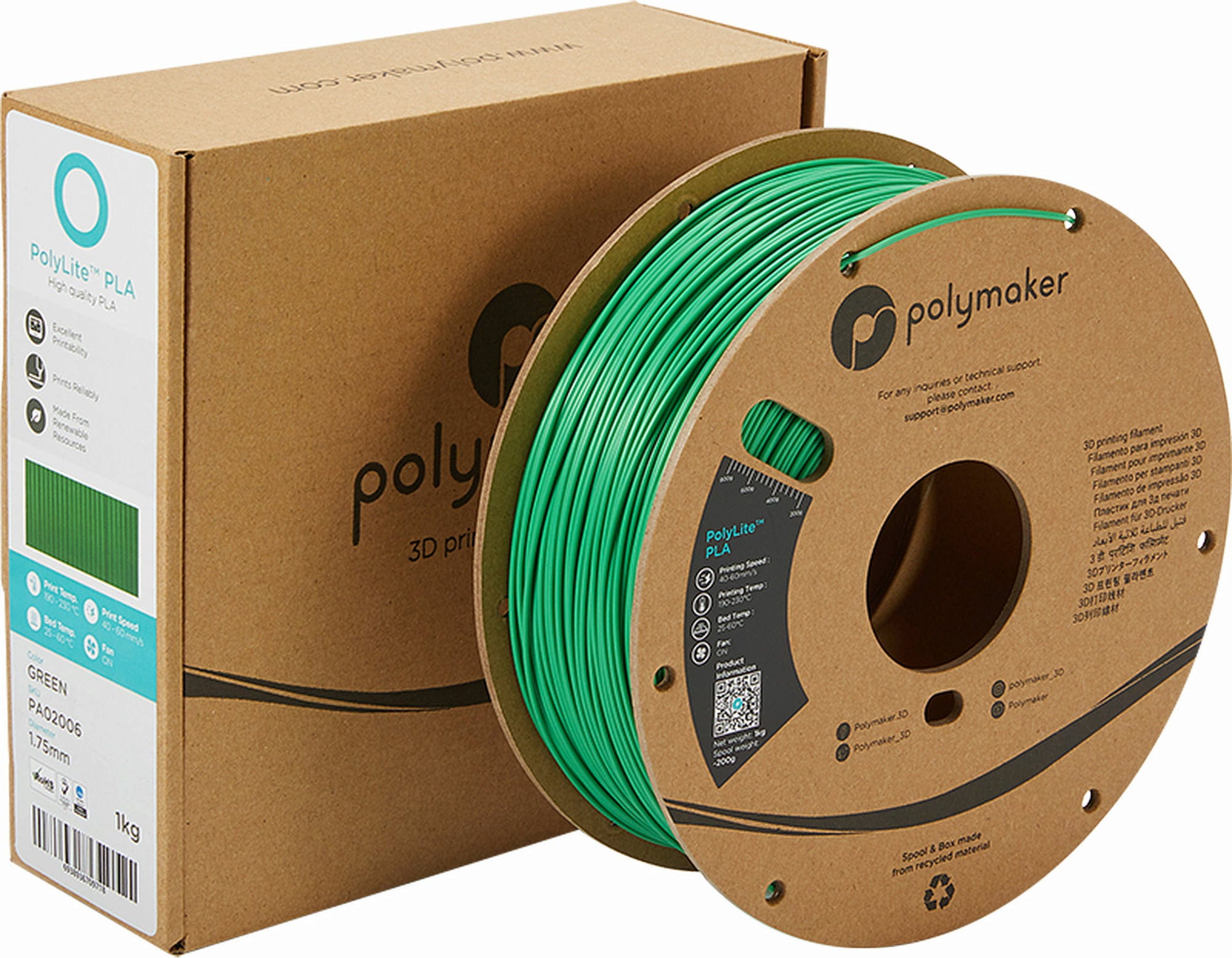 Polymaker  PolyLite PLA Grün, 1,75 mm (1.000 g)    Hochwertiges günstiges PLA von Polymaker in Grün