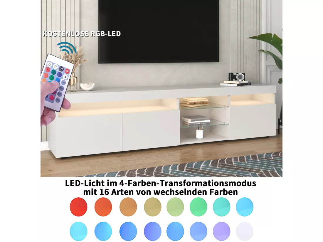 Meuble TV moderne avec 3 portes 2 tiroirs & 2 niches - LEDs - longueur 180cm - pour salon - laqué blanc