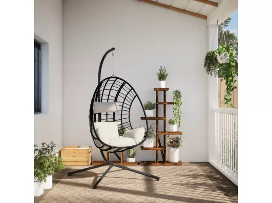 Chaise suspendue en forme d'œuf et support beige rotin et acier