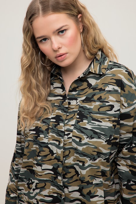 Hemdbluse, oversized, Camouflage, Hemdkragen, Langarm