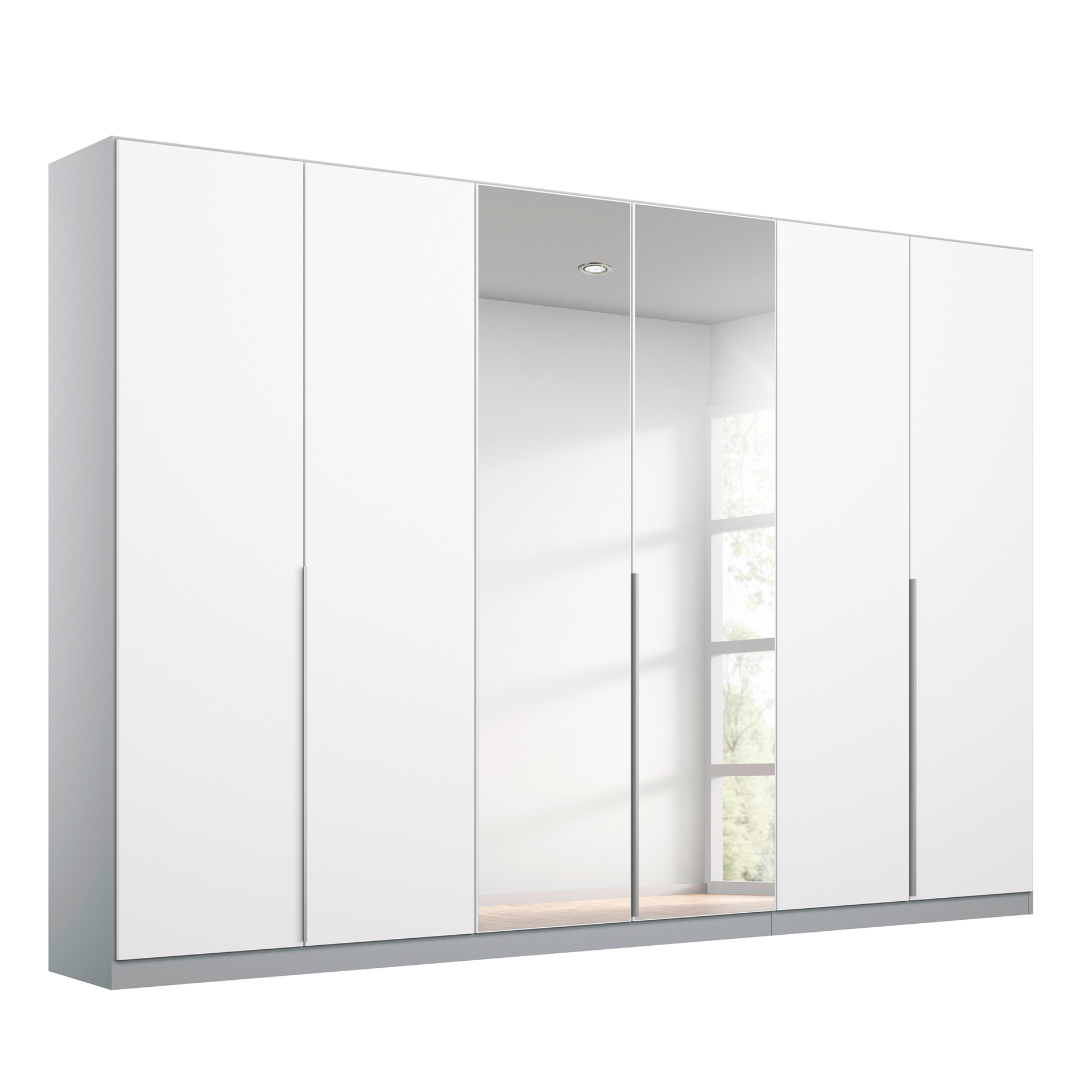 Drehtürenschrank - alpinweiß-seidengrau - Kristallglasspiegel - 6-türig - 271x210 cm