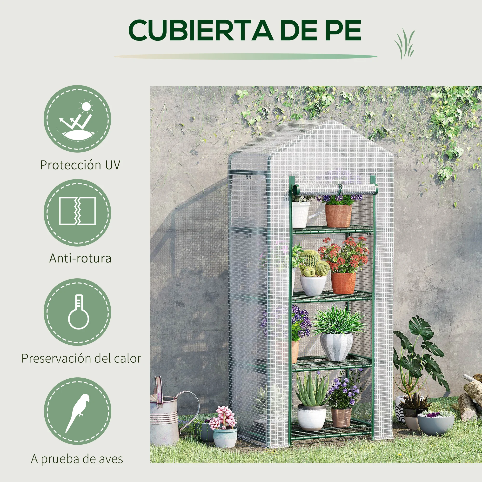 Estufa de jardim Outsunny com 4 prateleiras e cobertura em PE, tipo galpão com estrutura tubular de aço, ideal para cultivo de plantas, flores e vasos, 70x50x160 cm, branca.