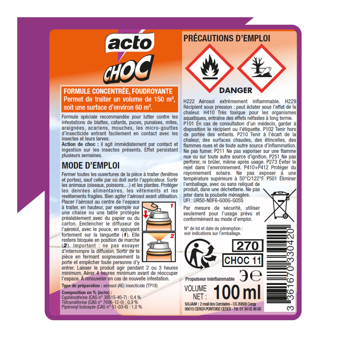 Acto choc - aérosol action foudroyante - insecticide polyvalent - fabriqué en fr