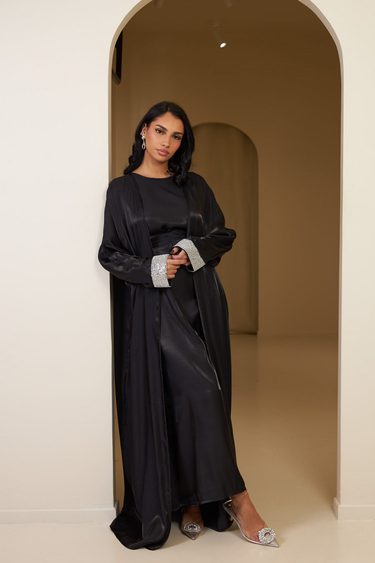 Ensemble 2 pièces abaya + gilet satiné noir