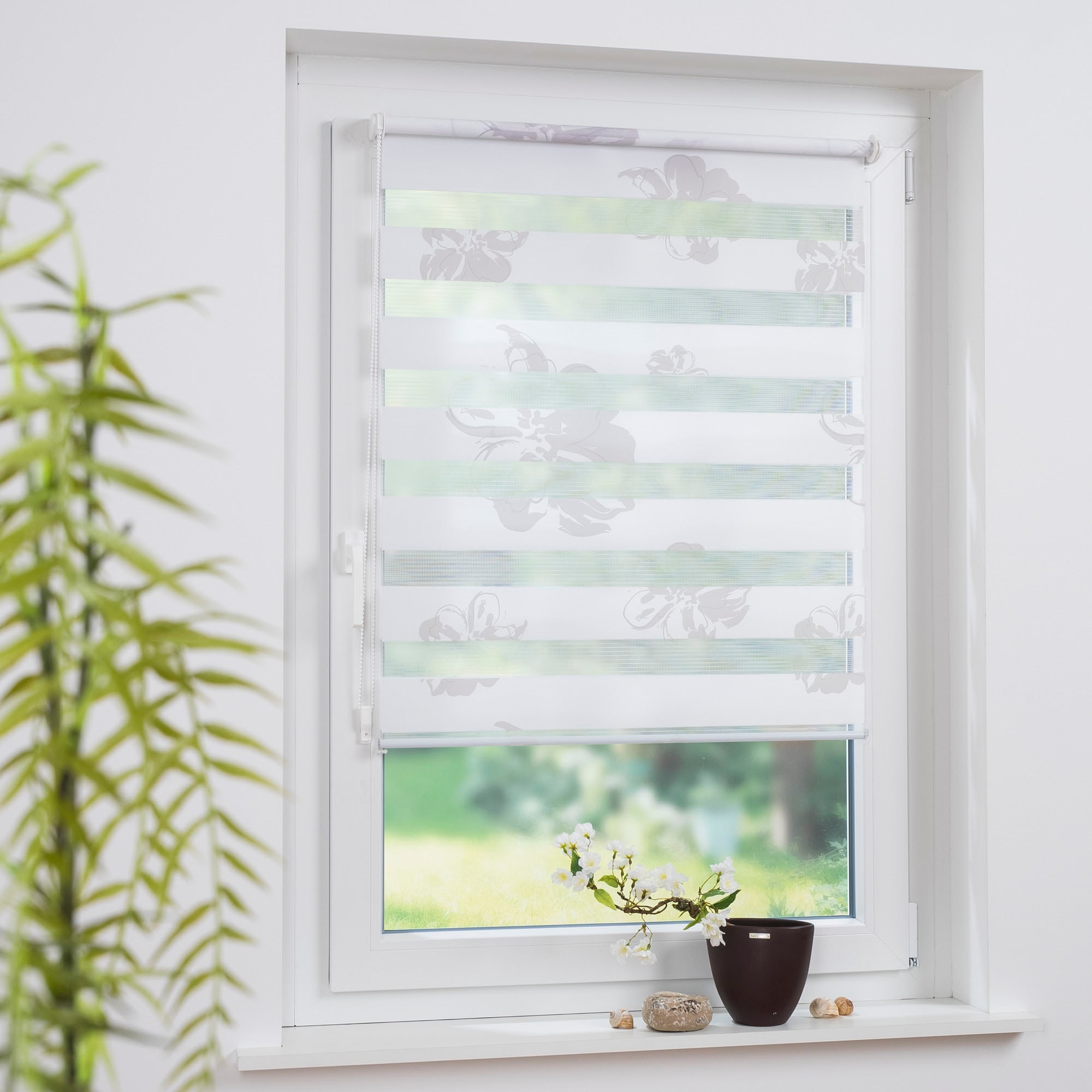 Liedeco Seitenzugrollo »floral Blumendesign« Lichtschutz Sichtschutz ohne Bohren freihängend Klemmfix-DUO-Rollo, Doppelrollo 