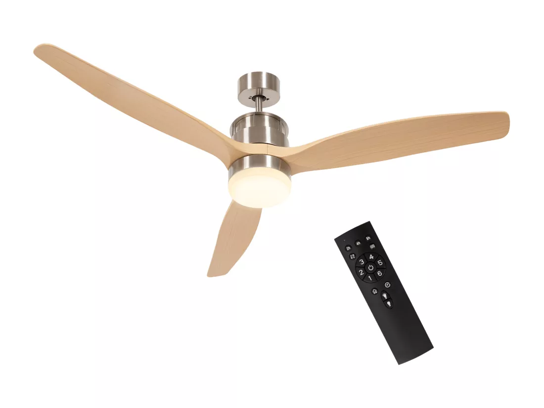 Ventilateur de plafond réversible avec lumière LED 6 vitesses silencieux - télécommande - dia. 132 cm - naturel