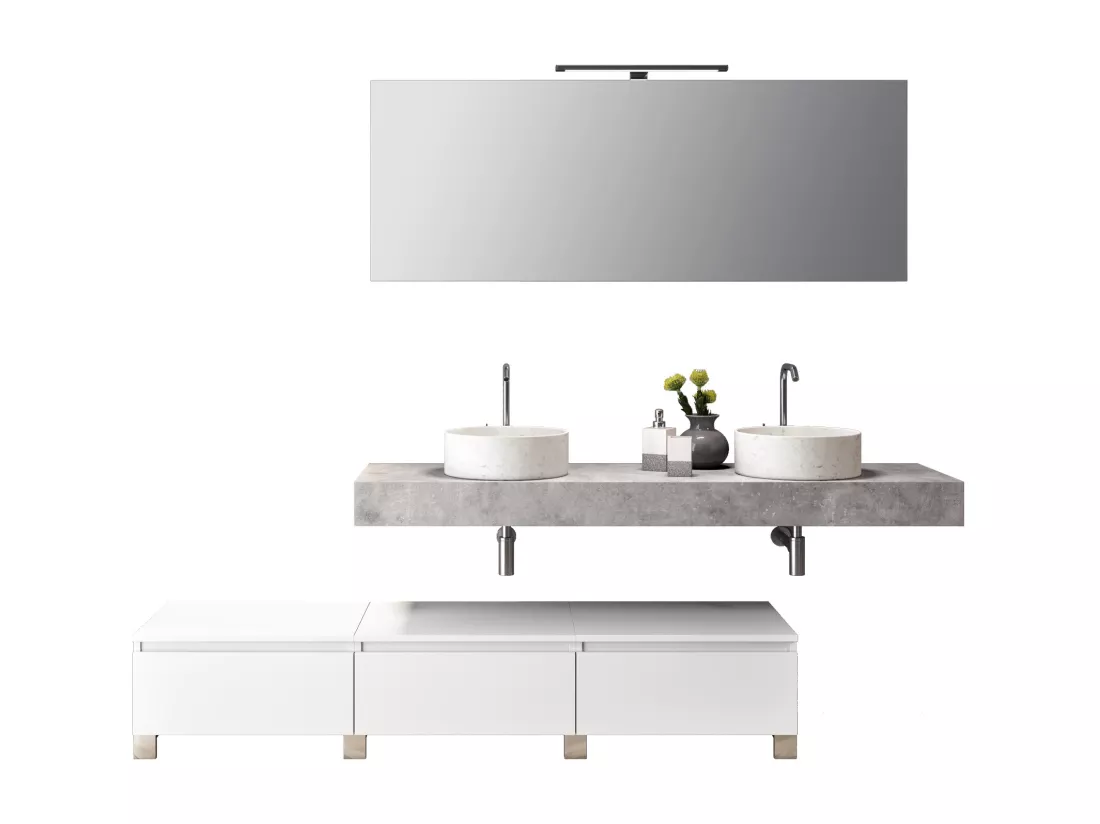 Ensemble de salle de bain double vasque 9 pièces ASTRA ciment/blanc