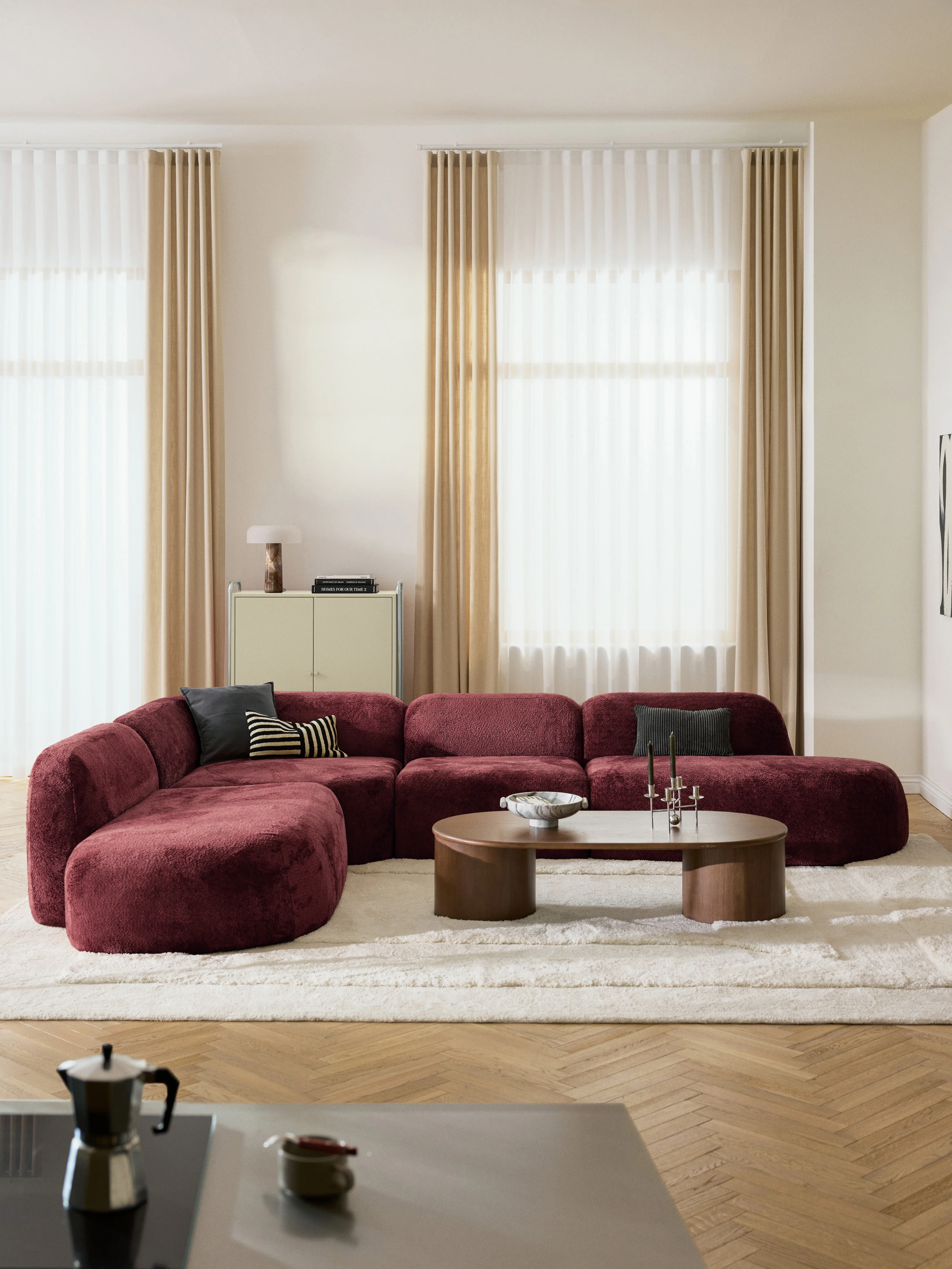 XL modulaire teddy bouclé hoekbank Wolke (4-zits) met chaise longue