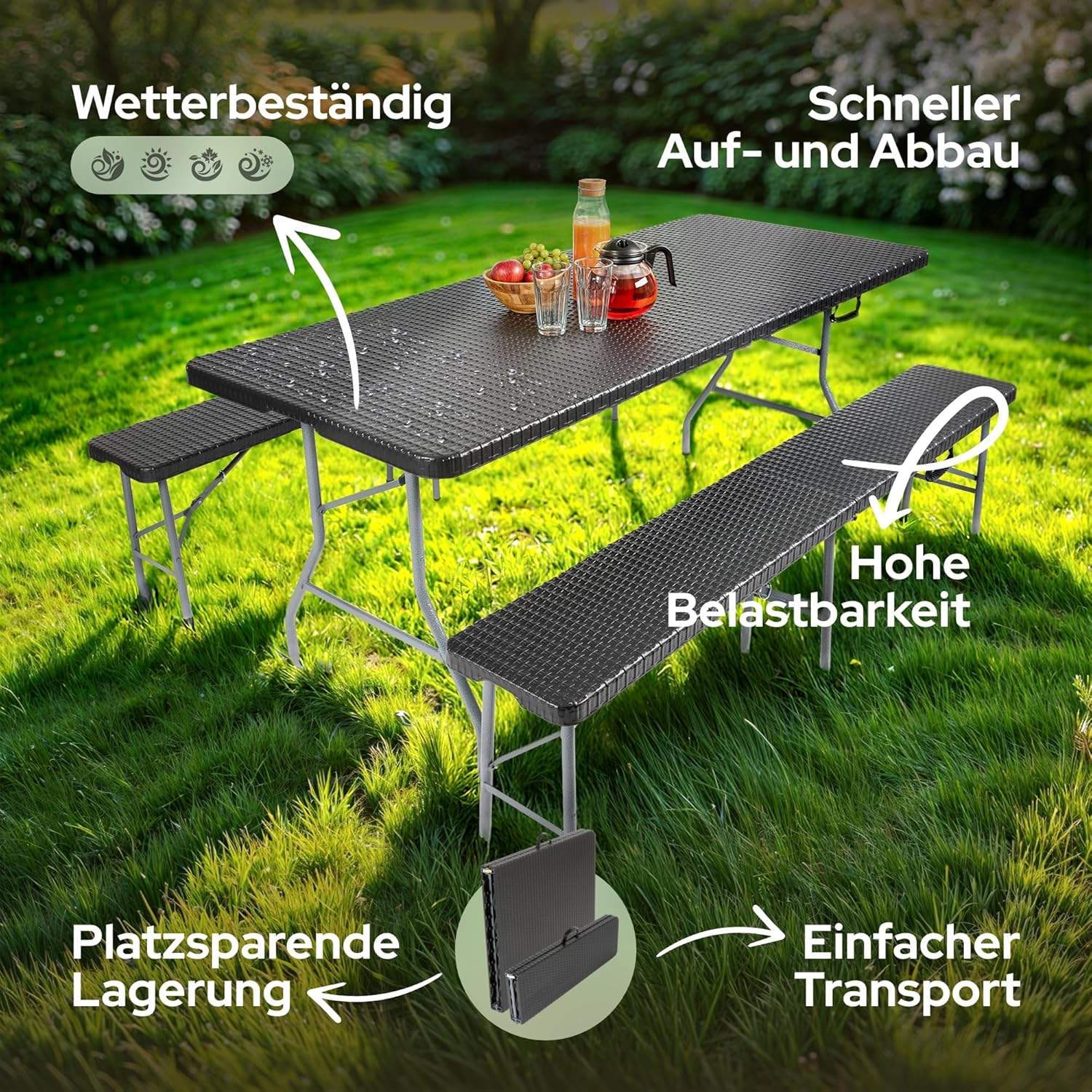 Arebos Bierzeltgarnitur 3-teilig Set Tisch + 2 x Bank | Festzeltgarnitur für drinnen - draußen | Biertisch Set | Zusammenklappbar & mit Tragegriff Campingtisch | Rattan-Look Schwarz
