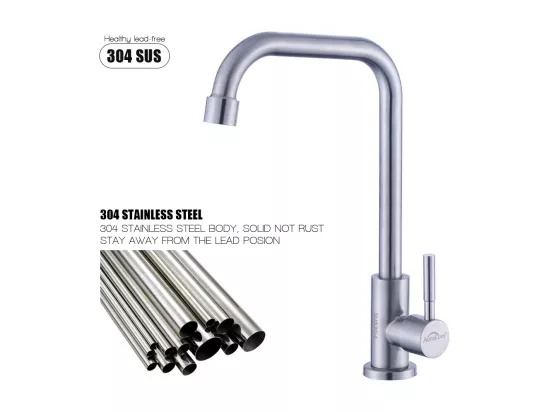 Robinet Cuisine avec Eau Froide Mitigeur Evier avec Flexible Raccordement,Pivotant à 360°, Mitigeur Cuisine avec Bec Hauteur 350 mm,Brossé