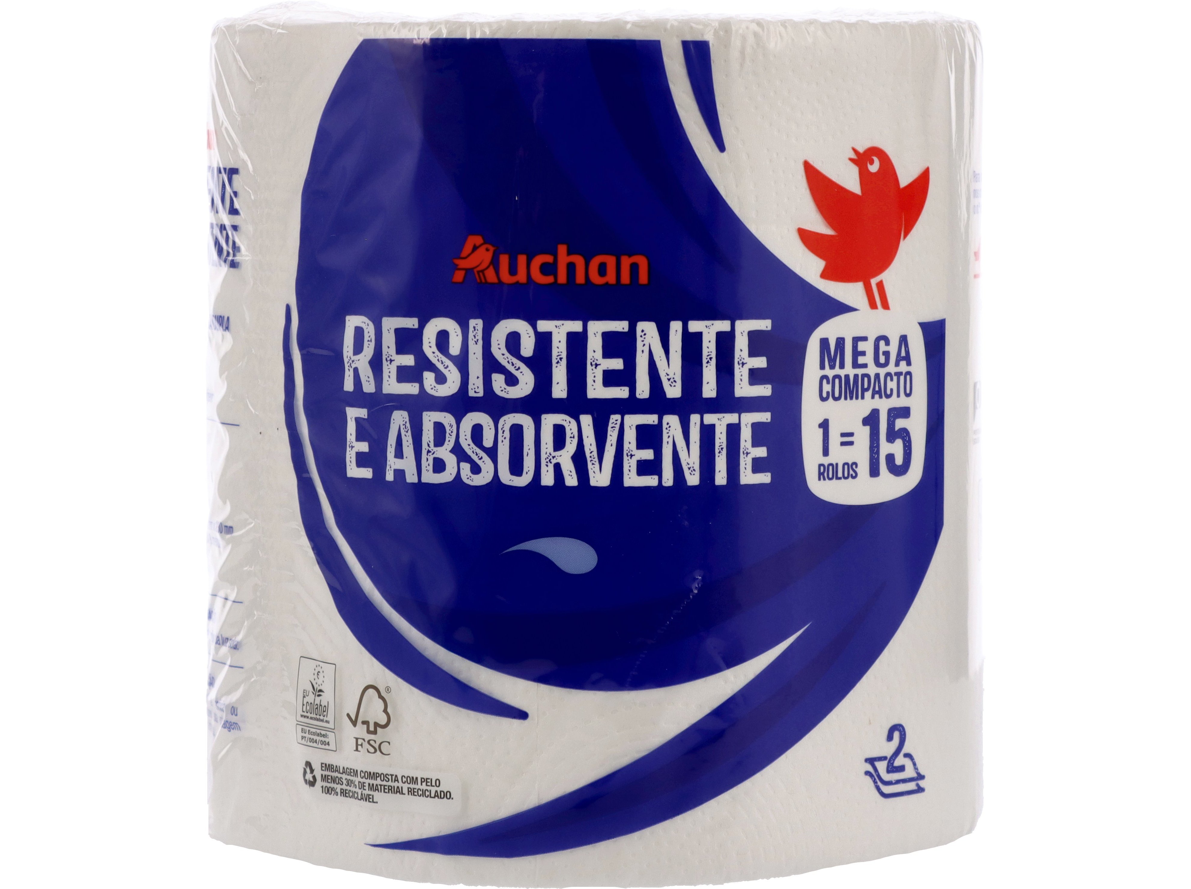 ROLO COZINHA AUCHAN RESISTENTE E ABSORVENTE 2 FOLHAS MEGA COMPACTO 1 ROLO = 15 ROLOS