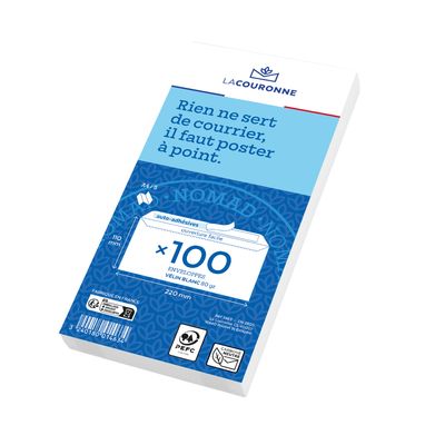 La Couronne - 100 Enveloppes DL 110 x 220 mm - 80 gr - sans fenêtre - blanc - bande auto-adhésive