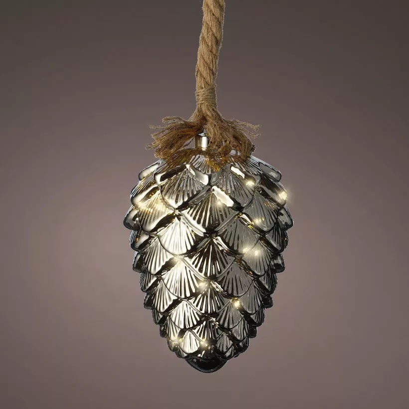 Pomme de pin lumineuse à piles 15 LED (H21 cm) Argent et Blanc chaud