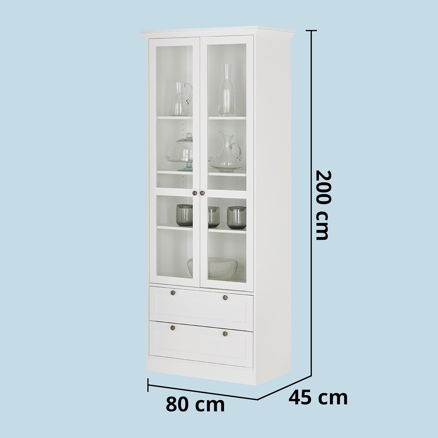 KHG Vitrine weiß 2 Drehtüren mit Glaseinsatz 2 Schubkästen 3 höhenverstellbare Einlegeböden Holzwerkstoff beschichtet Landhaus Stil