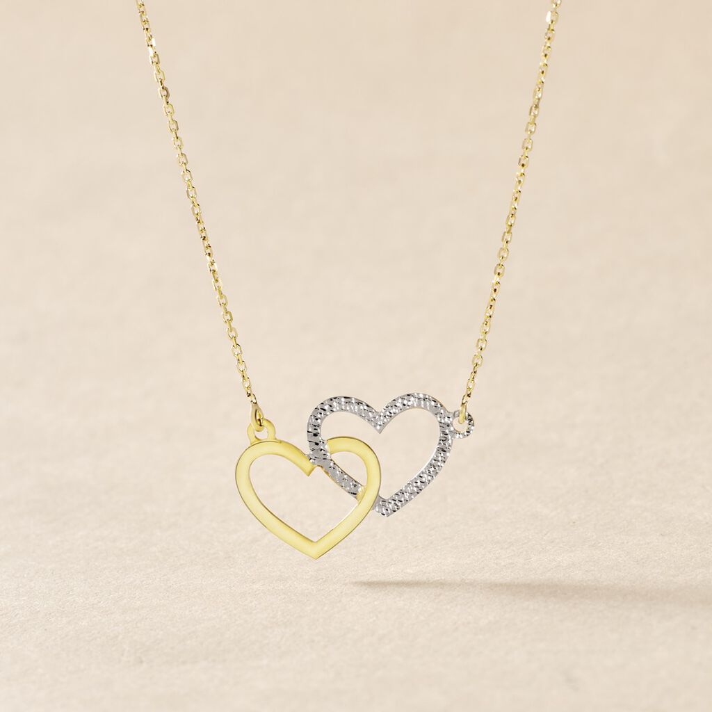 Collier Double Coeur Satines Or Bicolore