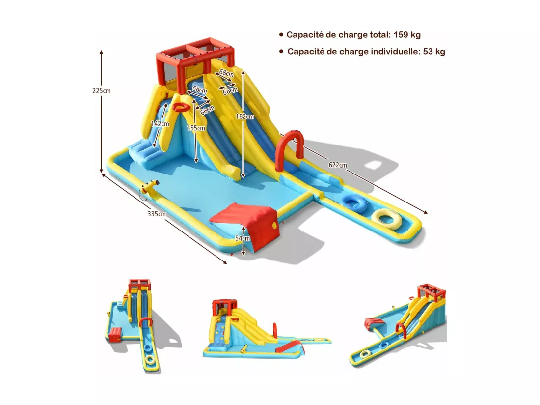 Château Gonflable 8 en 1 avec Double Toboggan Aquatique, Maison de Rebond Gonflable avec Mur d’Escalade, Pistolet à Eau, Anneaux de Natation pour 3 Enfants de 3-10 Ans (sans souffleur)