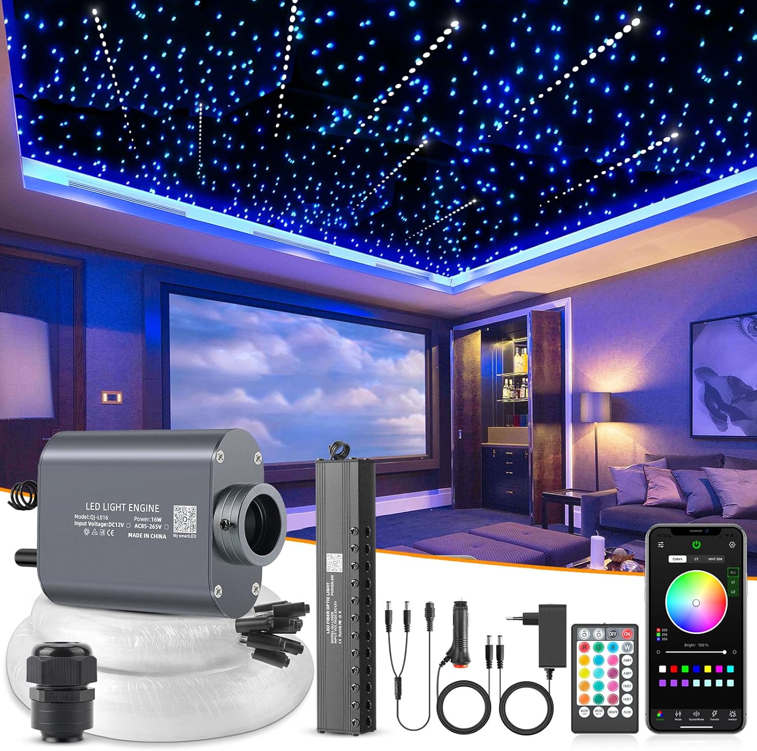 16W Meteor Sternenhimmel Auto, 550pcs*0.75mm*4m Sternenhimmel Glasfaser mit Shooting Star Light Kit RGBW Bluetooth-APP/Fernbedienung Led Glasfaser Licht für Auto/Decke